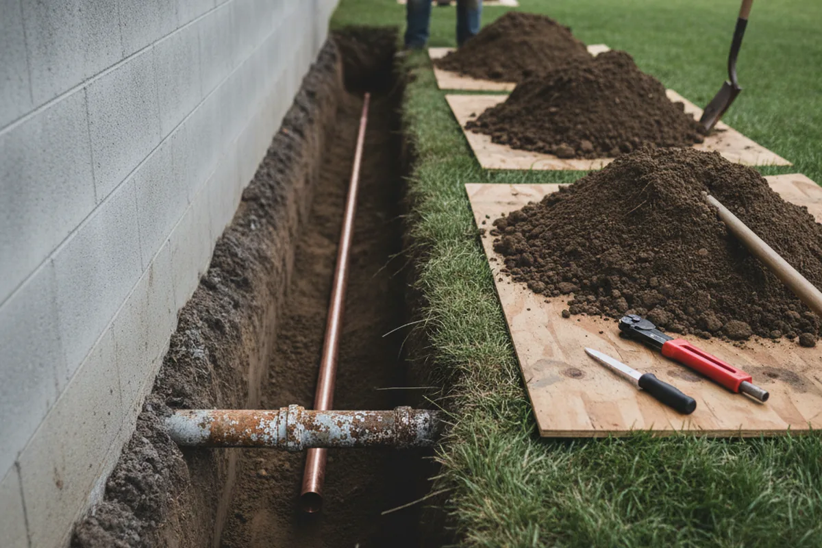 Excavated water line trench during Water Softener Installation in Point Lookout